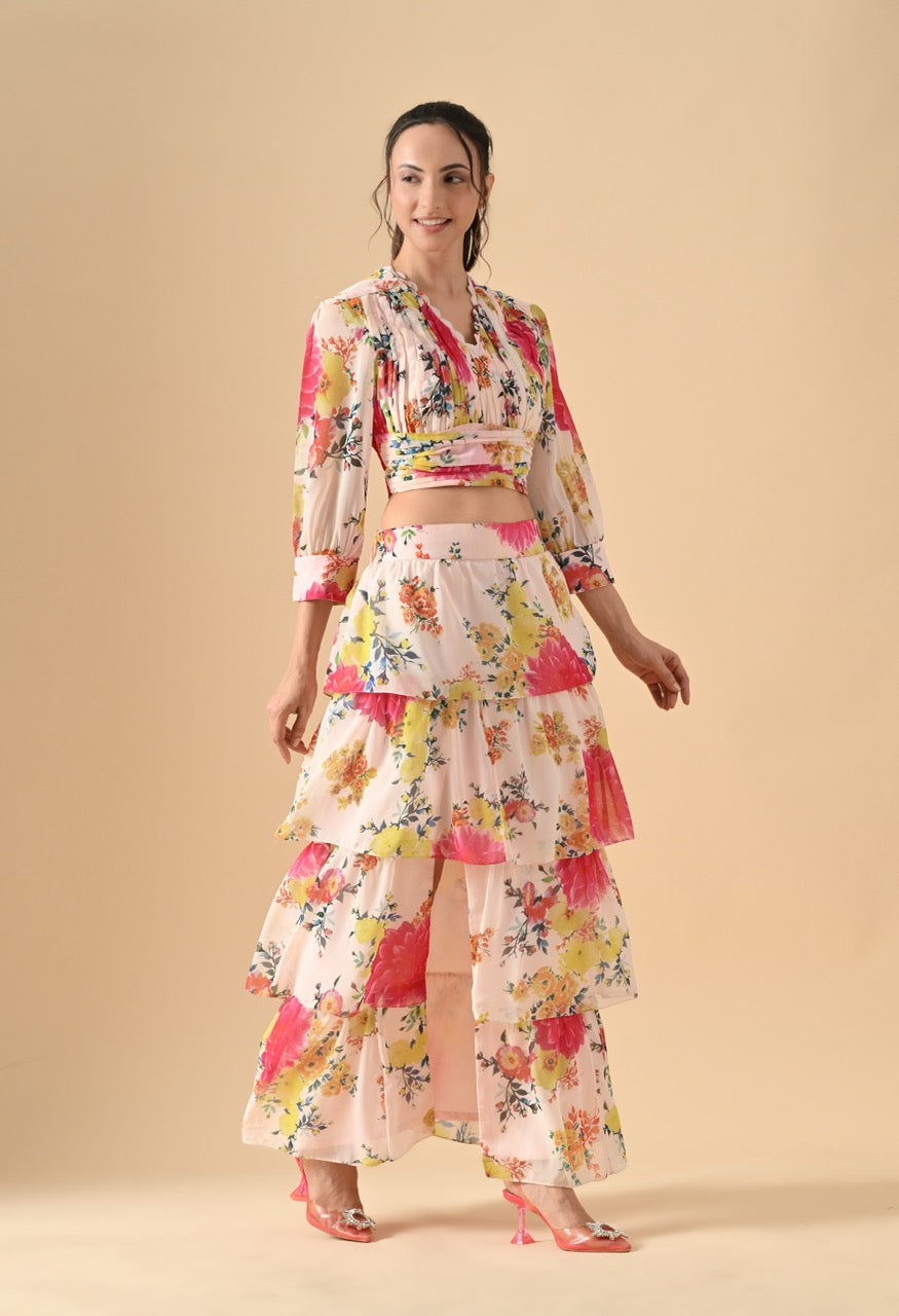 Pankh Wes Floral Printed Top And Slit Ruffle Skirt Set