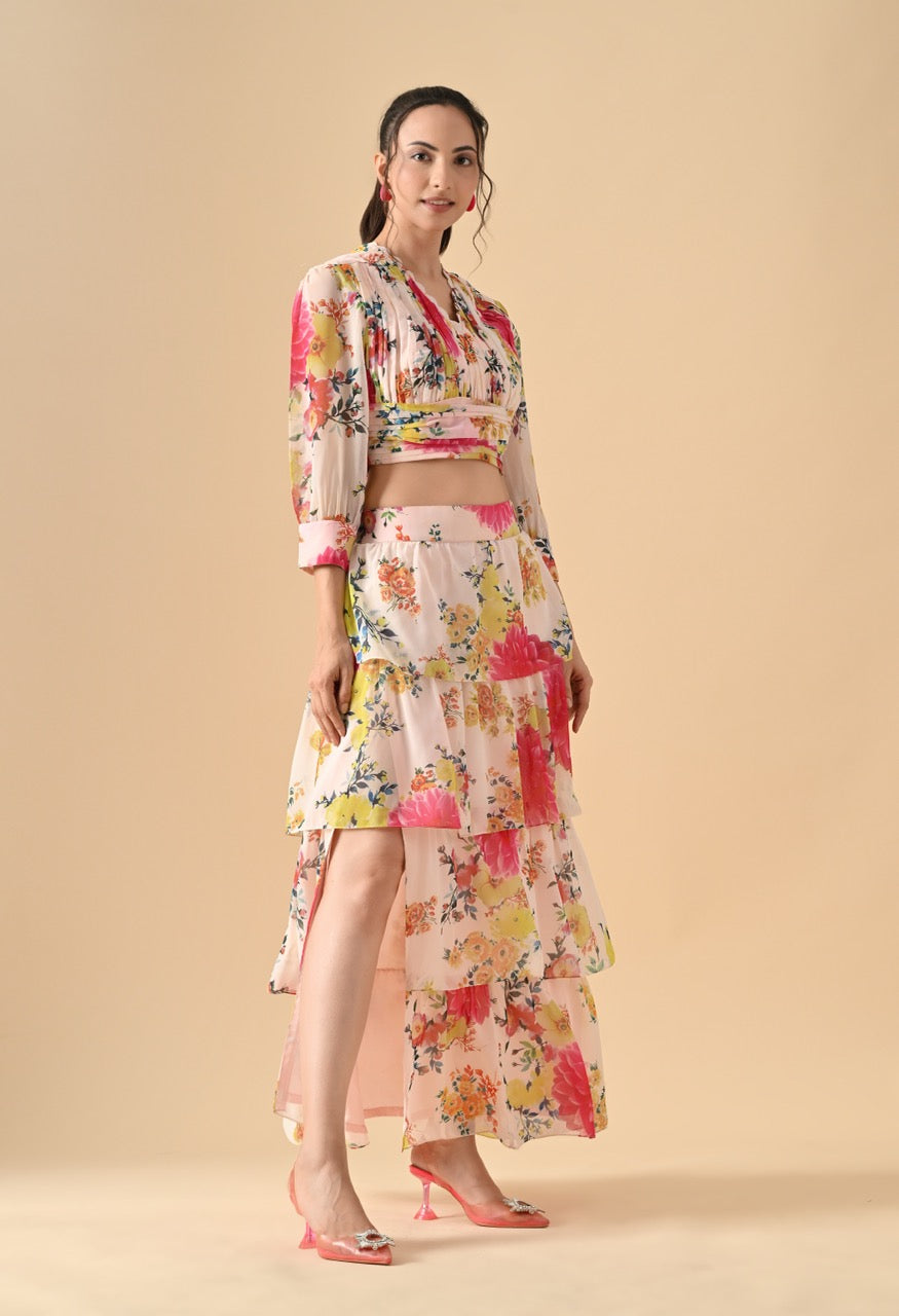 Pankh Wes Floral Printed Top And Slit Ruffle Skirt Set