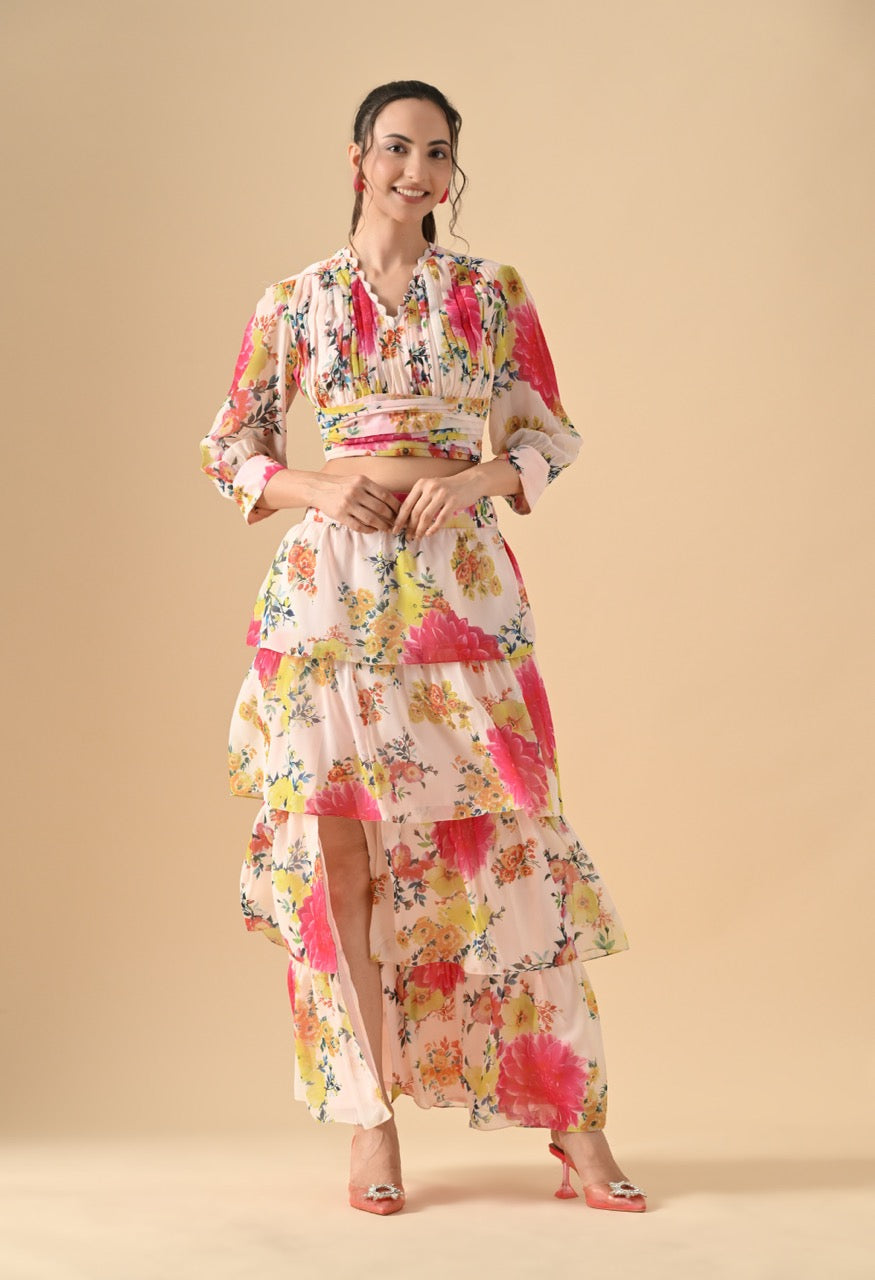 Pankh Wes Floral Printed Top And Slit Ruffle Skirt Set
