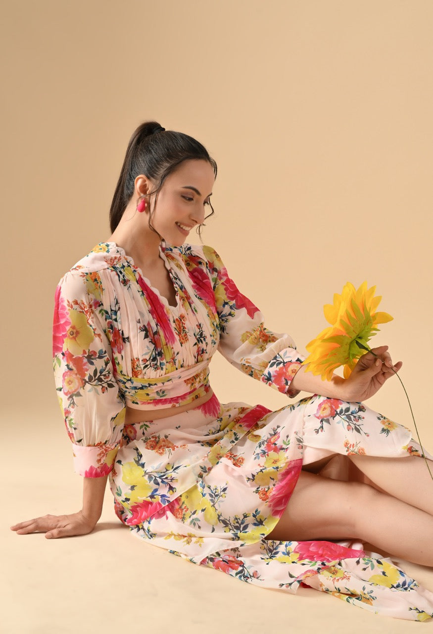 Pankh Wes Floral Printed Top And Slit Ruffle Skirt Set