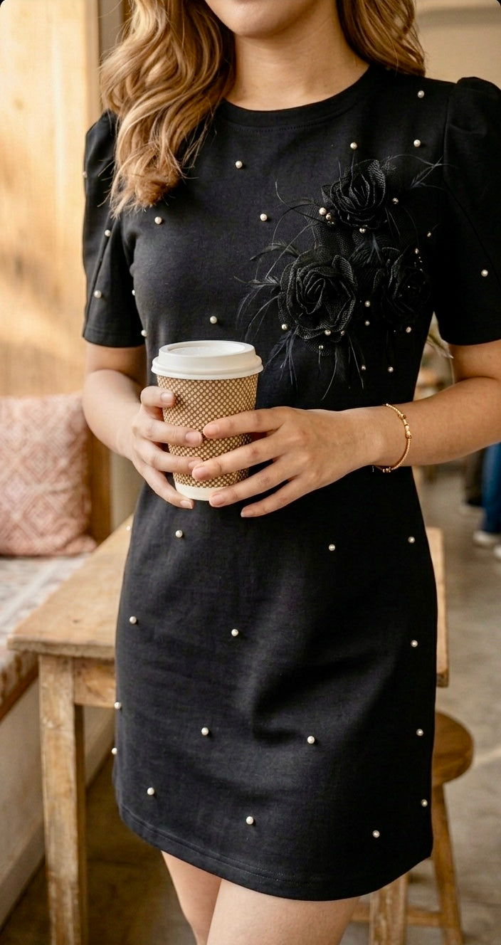 Pankh Oiny Flower & Fur Embelished T-Shirt Short Dress