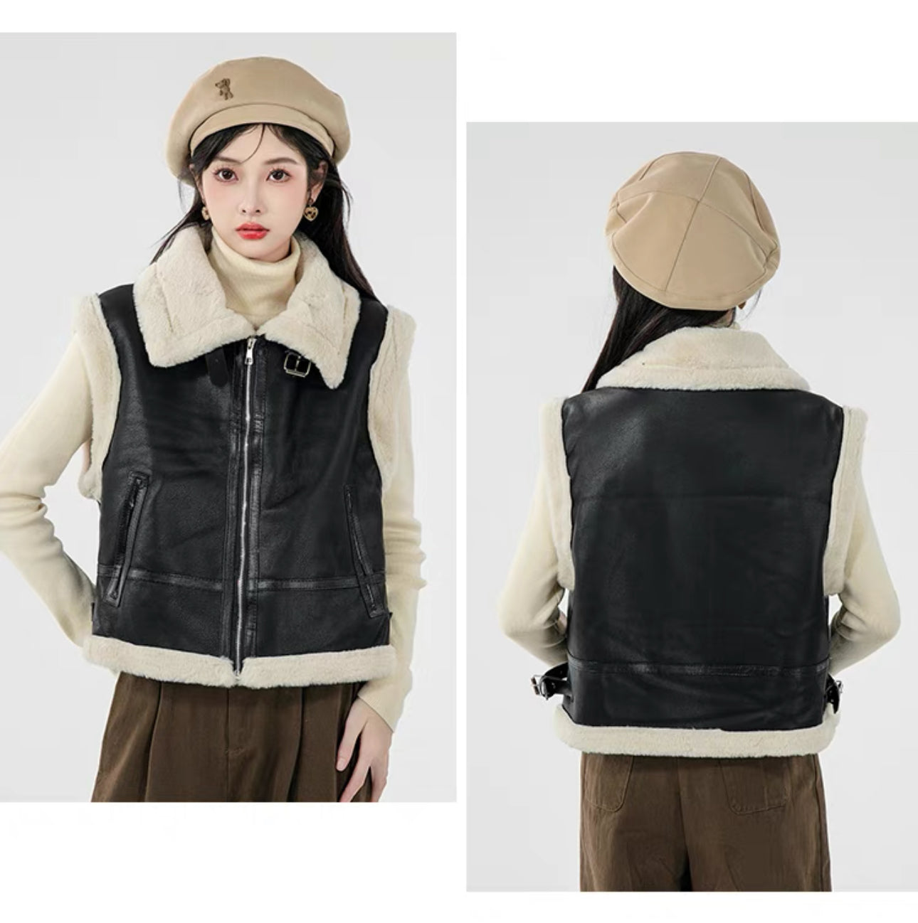 Pankh Kren Leather And Teddy Fur Sleeveless Jacket