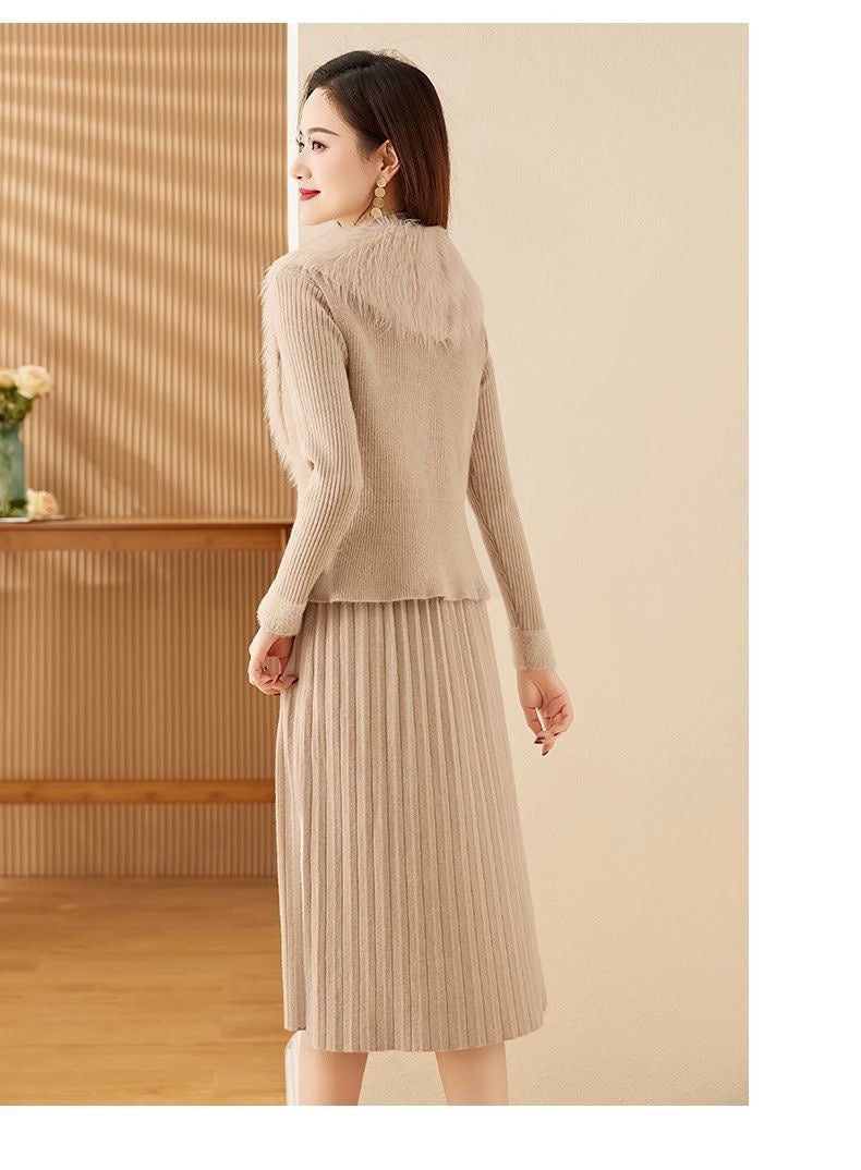 Pankh Leveda Wool Dress and Fur Collar Jacket Set