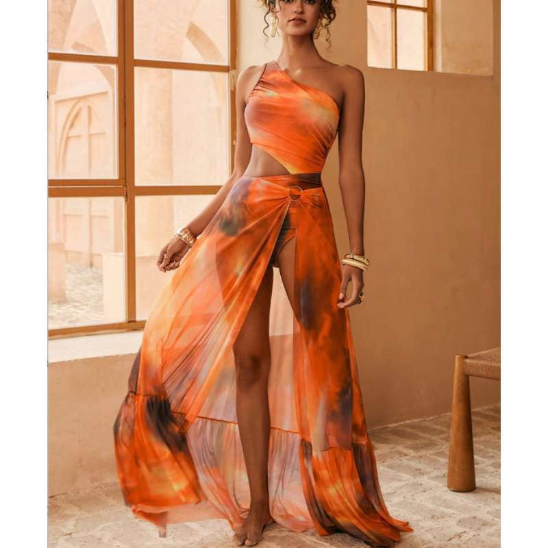 Pankh Tang One Off Shoulder Monokini & Skirt Swimwear Set
