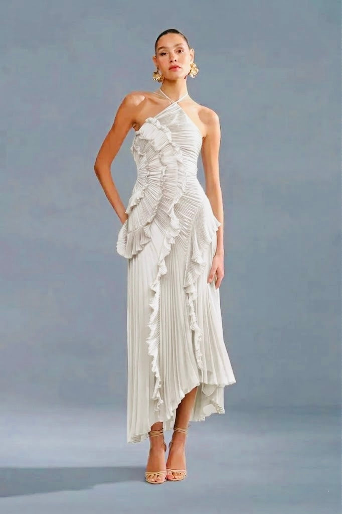 Jacob Pleated Long Satin Maxi Dress