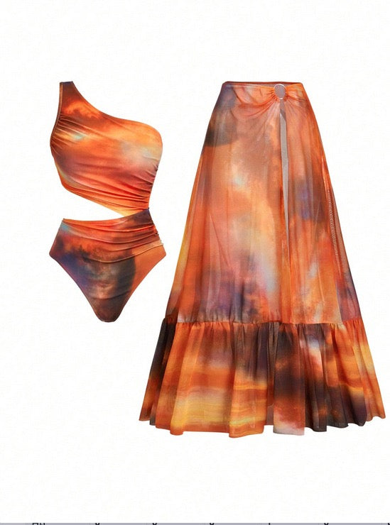 Pankh Tang One Off Shoulder Monokini & Skirt Swimwear Set
