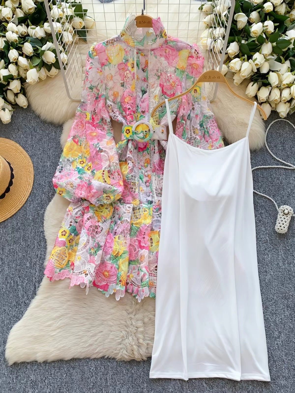 Pankh Skylar Elegant Floral Crochet Lace Long Sleeve Short Dress