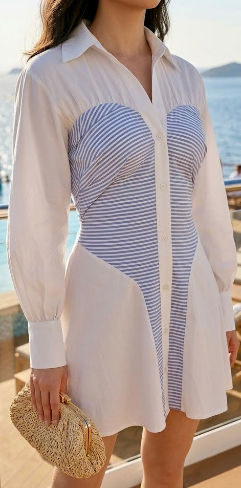 Pankh Kira Ruched Panel Cotton & Stripe Mini Shirt Dress