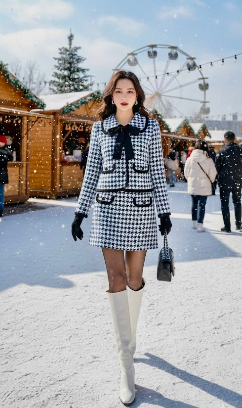 Pankh Alice Houndstooth Soft Wool Blazer and Skirt Set (Bow not included)