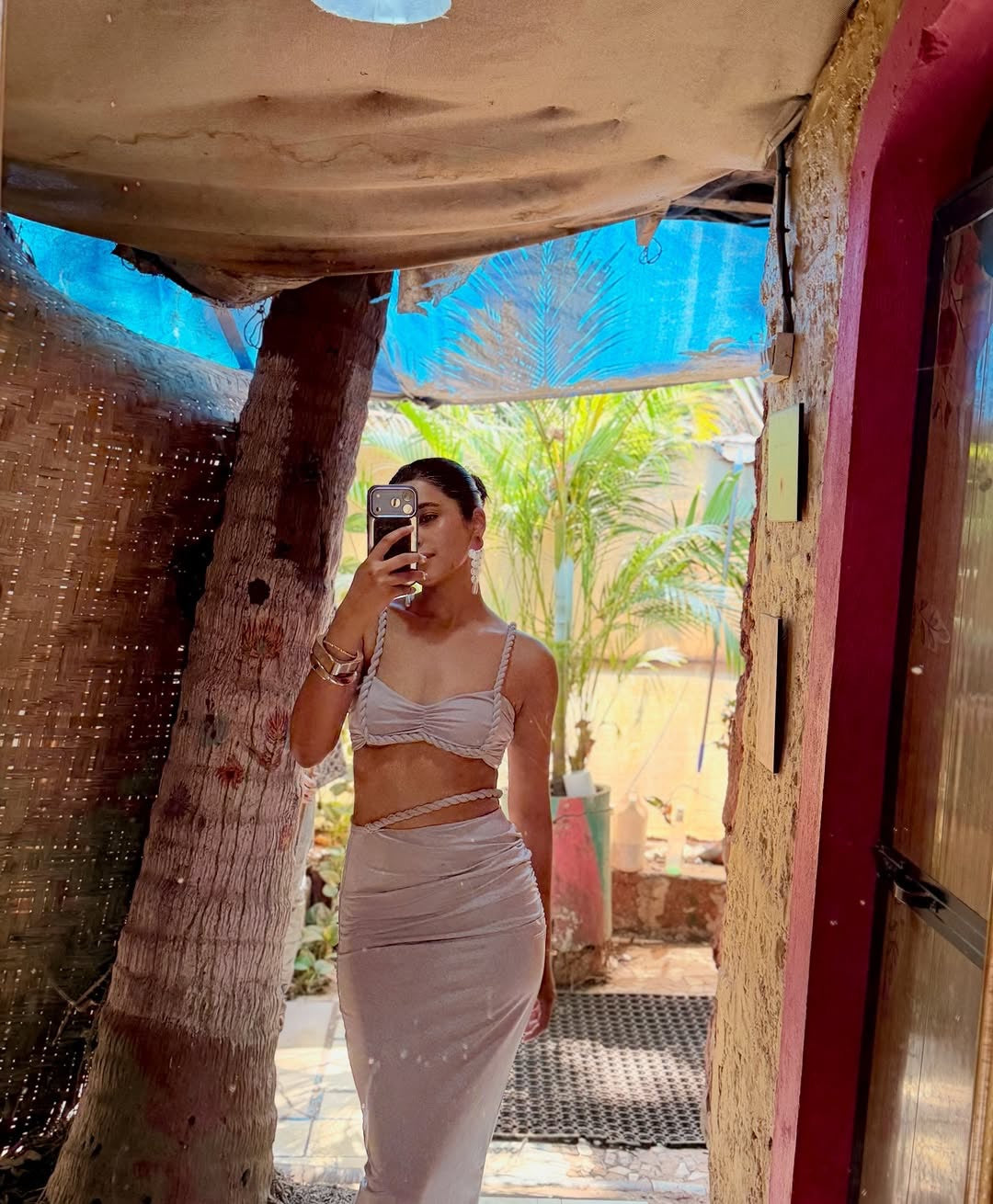 Pankh Eira Ruched Backless High Slit Strap Cami Top And Sheath Skirt Set