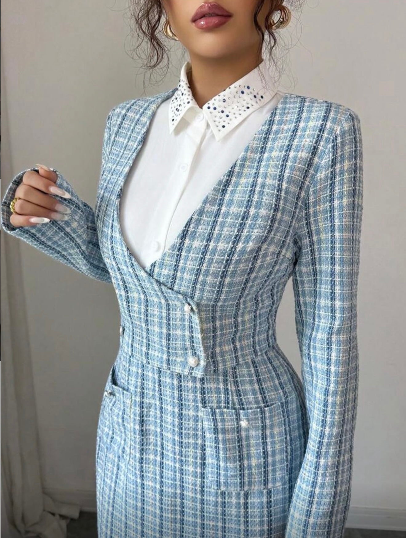 Maila Plaid Tweed Two-Piece Formal Dress with Blazer