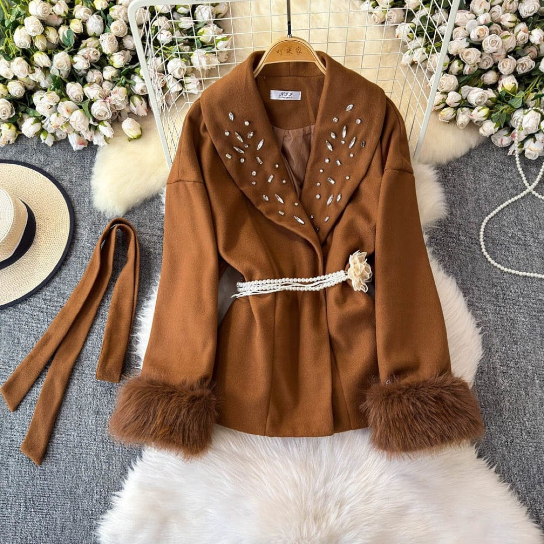 Pankh Miami Luxury  Woolen Stone Embelished Woolen Blazer withFur Sleeves