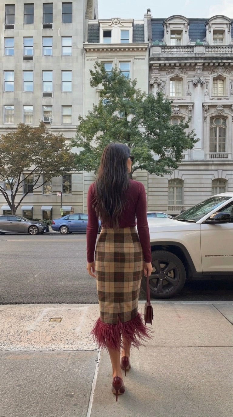 Pankh Mesiko Plaid Check Autumn Fur Skirt