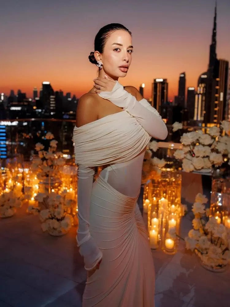 Pankh Luxe Kyra Long-Sleeve Off Shoulder Bodycon Dress