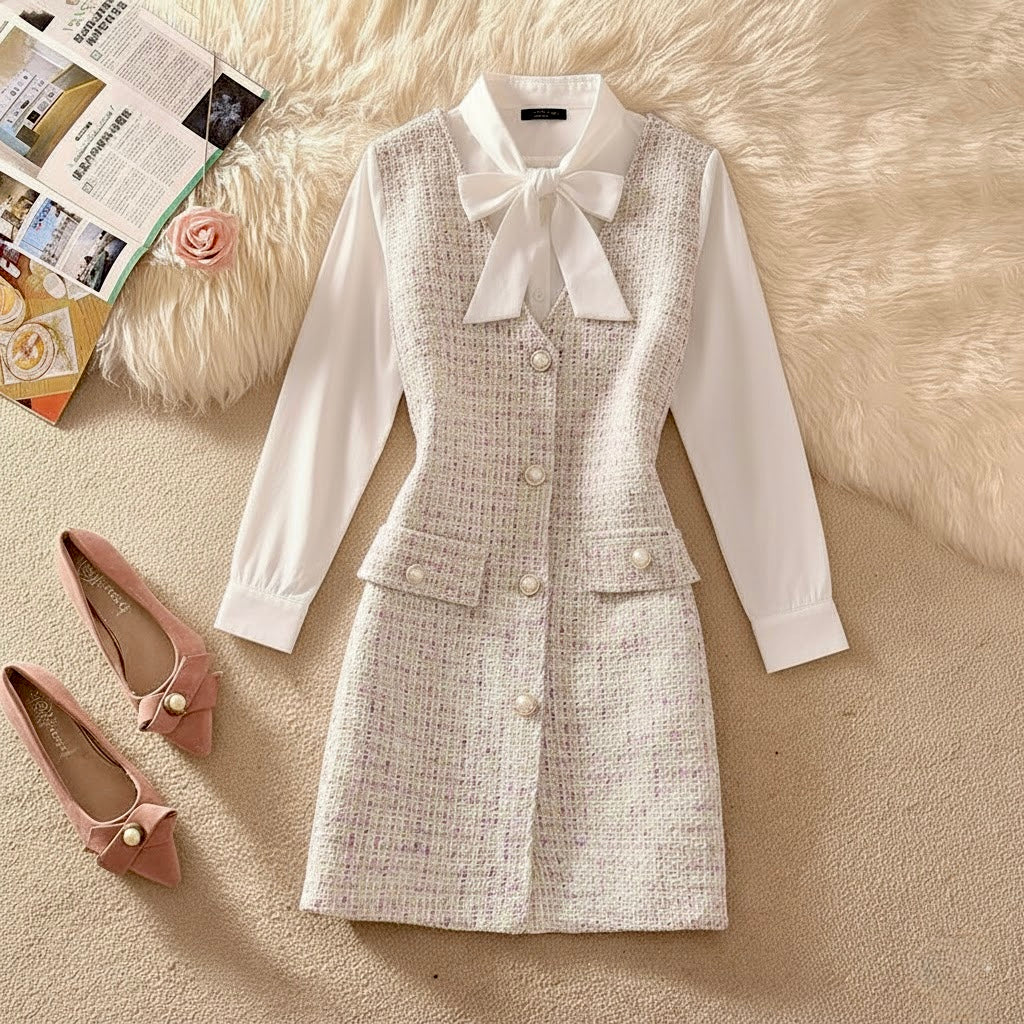 Pankh Kira Bow Tie Shirt & Multicolor Tweed Dress Set