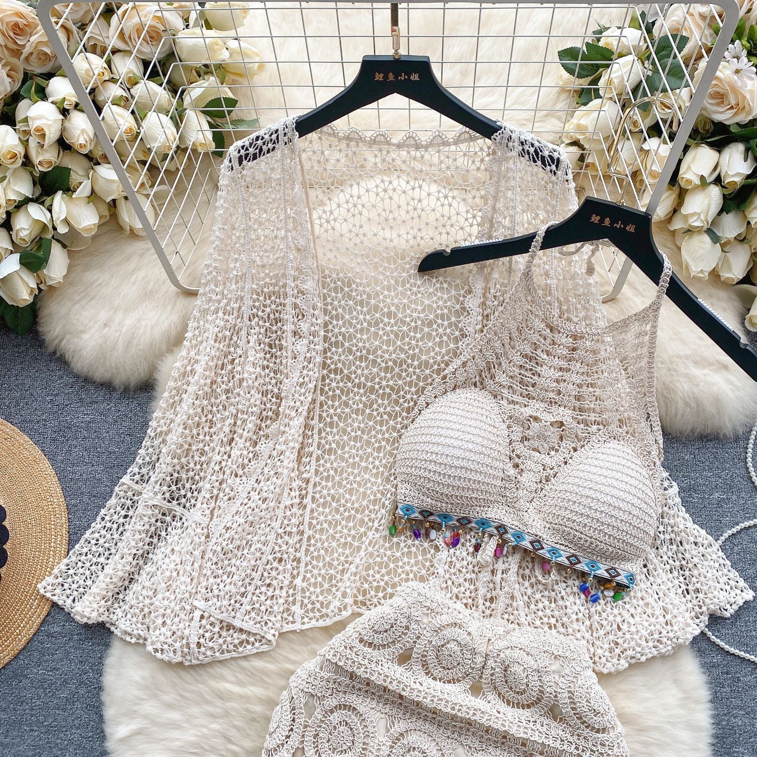 Pankh Rumy Boho Crochet Crop Top , Skirt & Coveruop Set