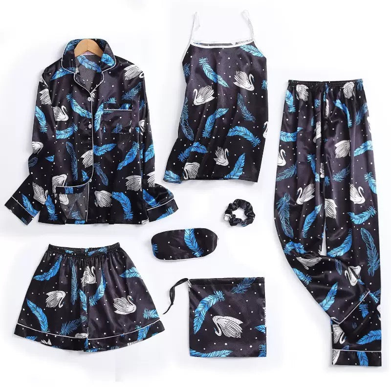 New lola 7 piece feather print satin night suit set