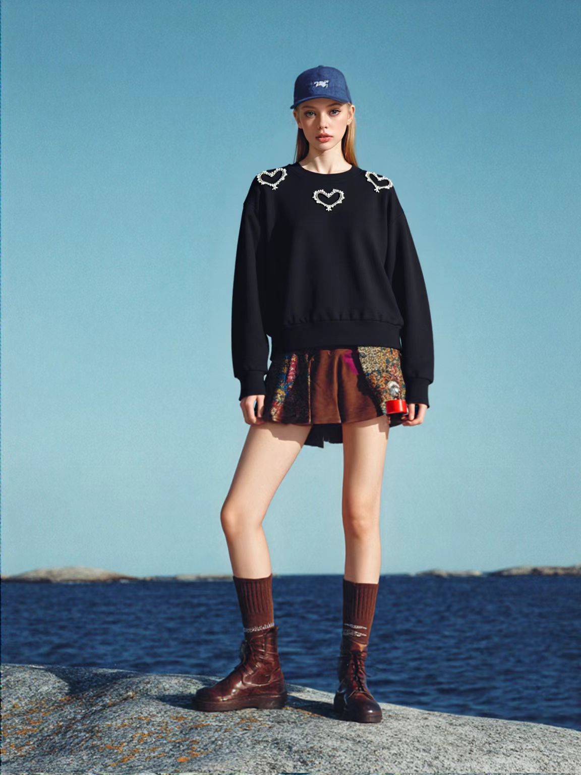 Pankh Deli Stone Heart Embelished Oversized Sweat Top