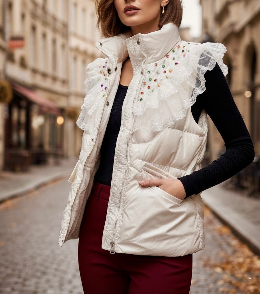 Pankh Molly Premium Embellished Bomber Sleeveless Puffer Metallic Jacket