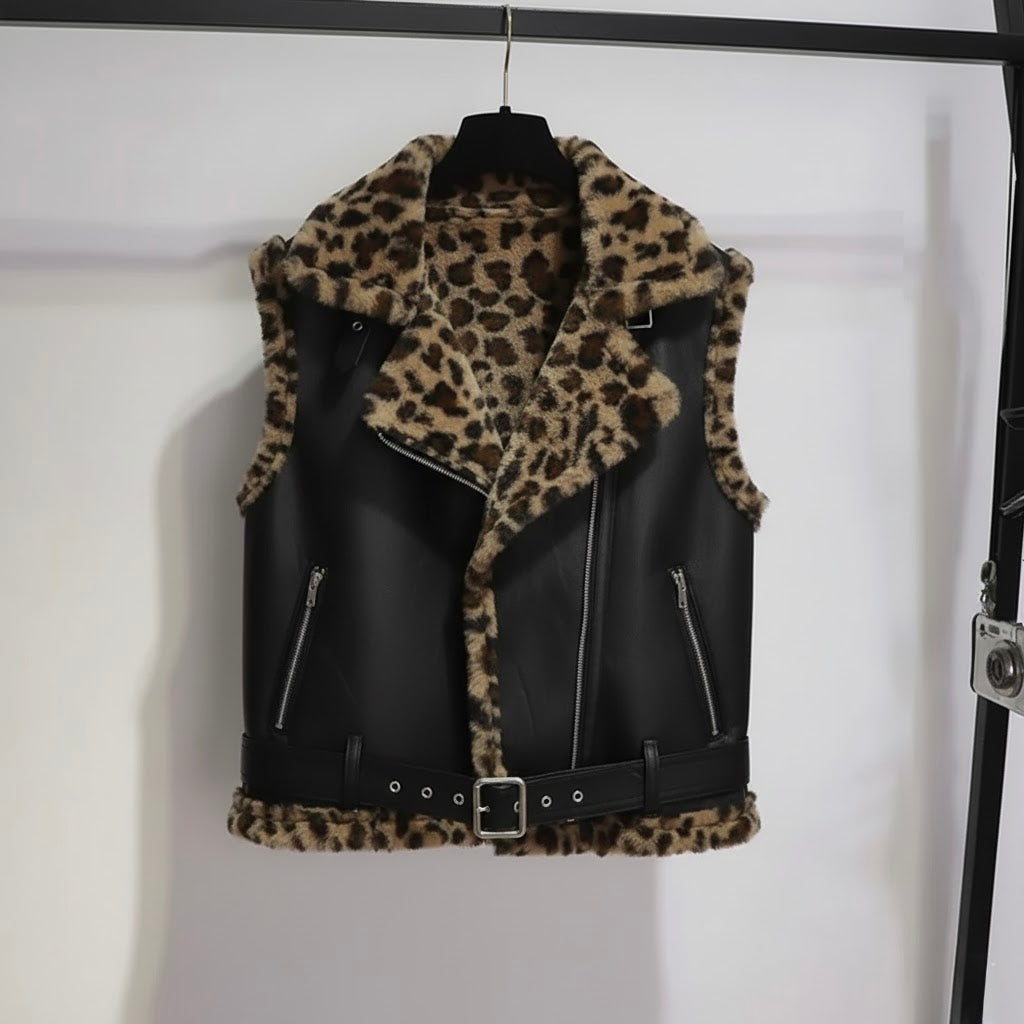 Pankh Laurie Leopard Fur and Leather Sleeveless Teddy Jacket