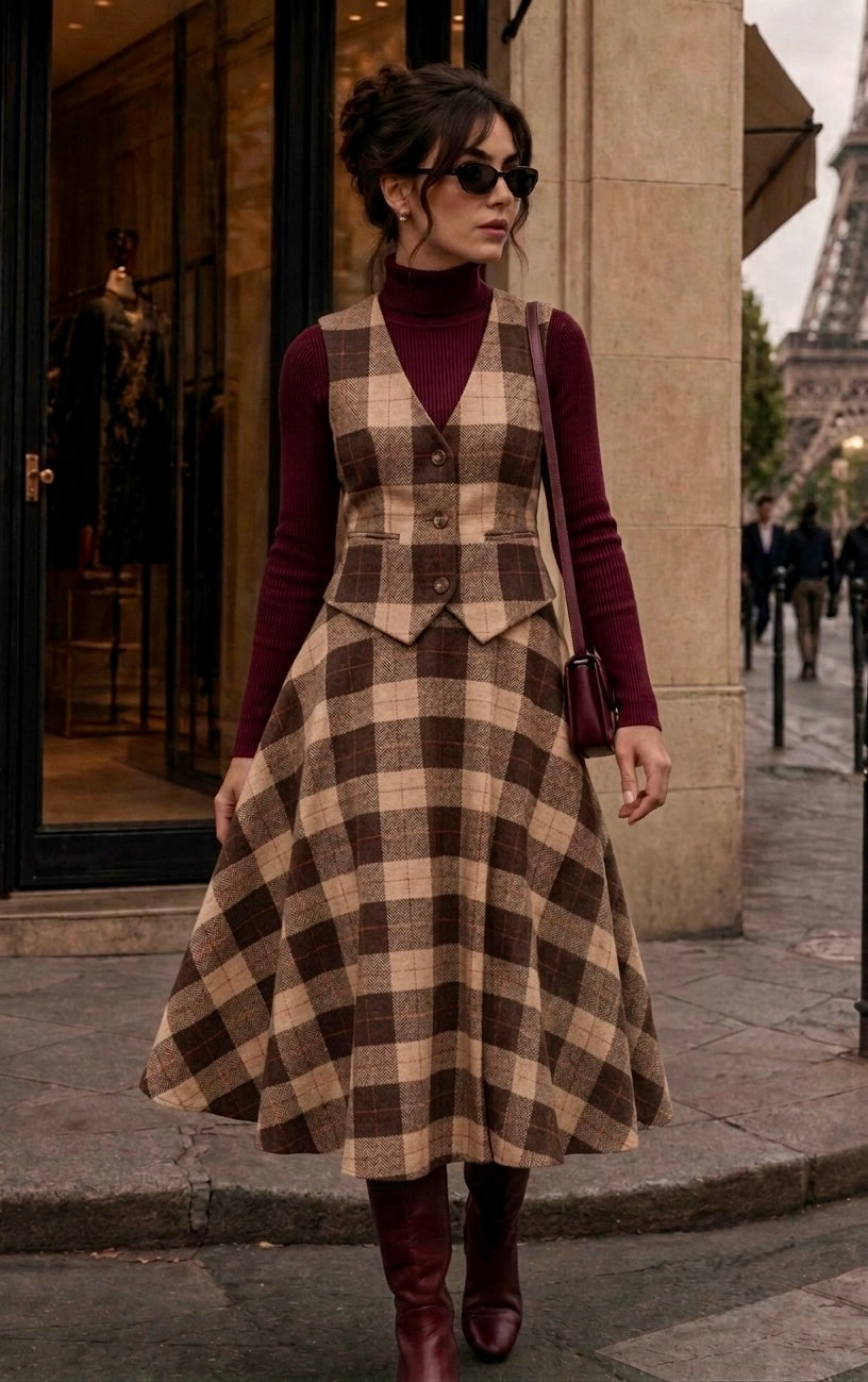 Pankh Cresent Plaid Check Waist Coat and Skirt Coord Set