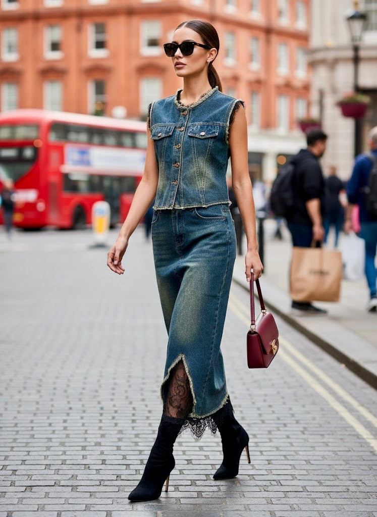 Pankh Semir Retro Denim and Lace Top And Long Skirt Set