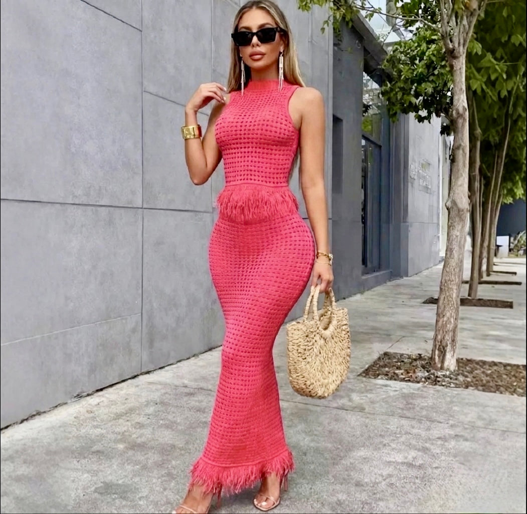 Pankh Cheryl Ribbed Knit Crochet Sleeveless Top And Long Skirt Set