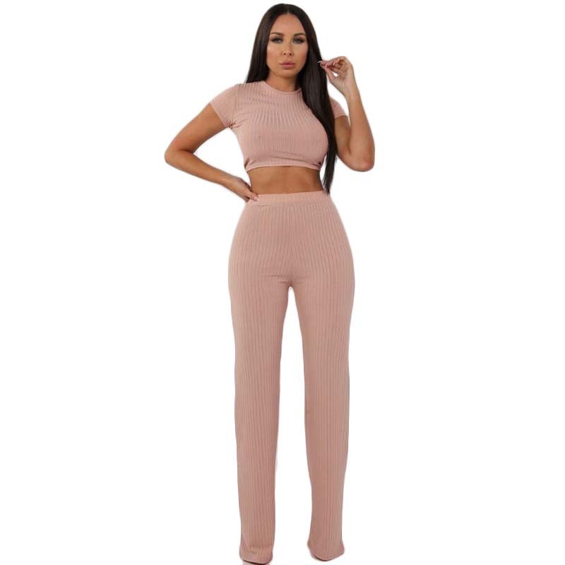 Leressa Ribbed O Neck Crop Top and Long Pants Set