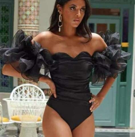 Pankh Claire Ruched Special Occasion Ruffle Off Shoulder Bodysuit Top