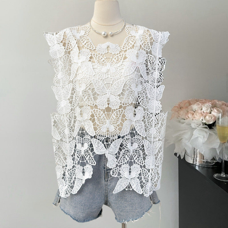 Pankh Zape Butterfly Hollow Cutout Pattern Lace Crochet Top