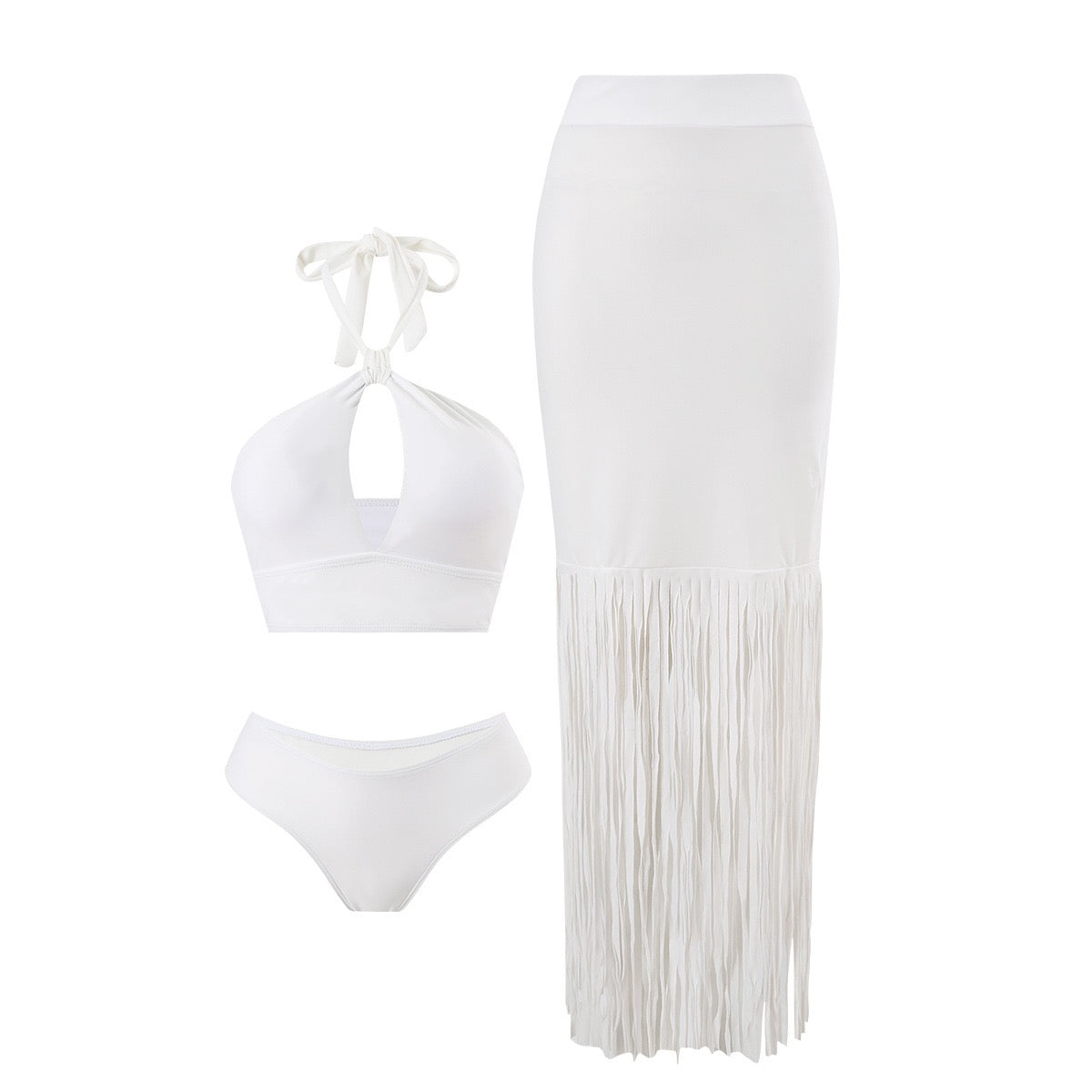 Pankh Bethany Resortwear Cutout Bikini Swimsuit with Tassel Skirt Cover Up