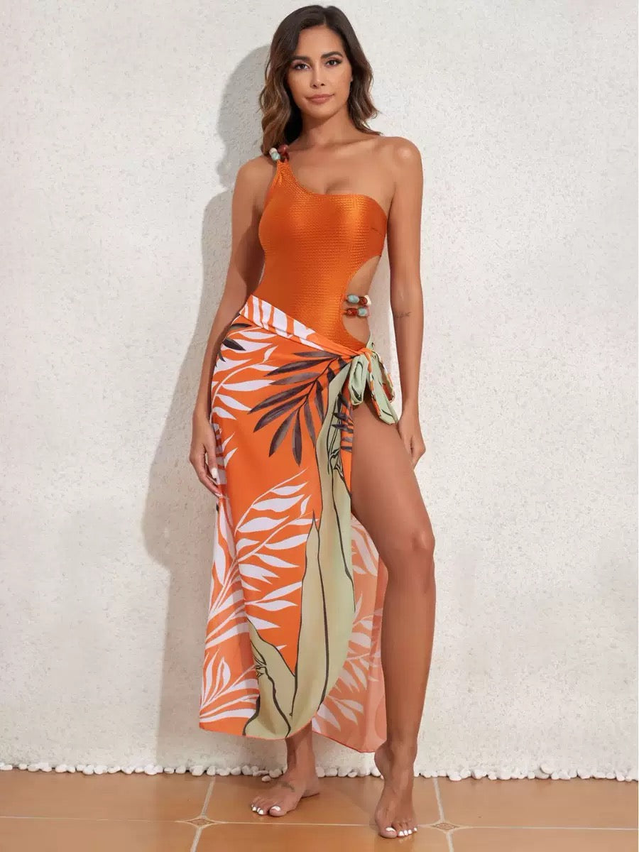 Pankh Liam Tropical Print One-Shoulder Bikini  With Tie Up Coverup Swim Set