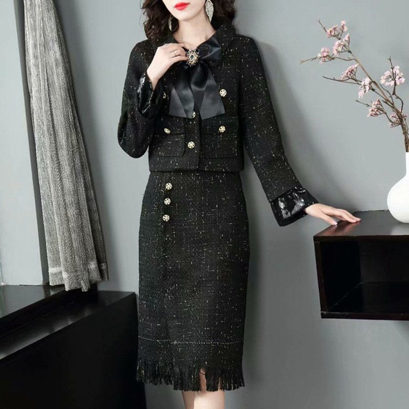 Ray Luxury Glitter  Tweed Blazer And Skirt Set