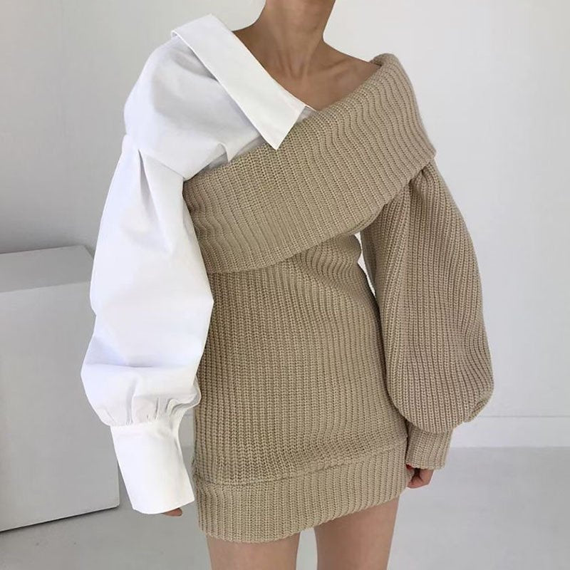 Thea Patchwork Knitted Dual Shade Sweater Dress