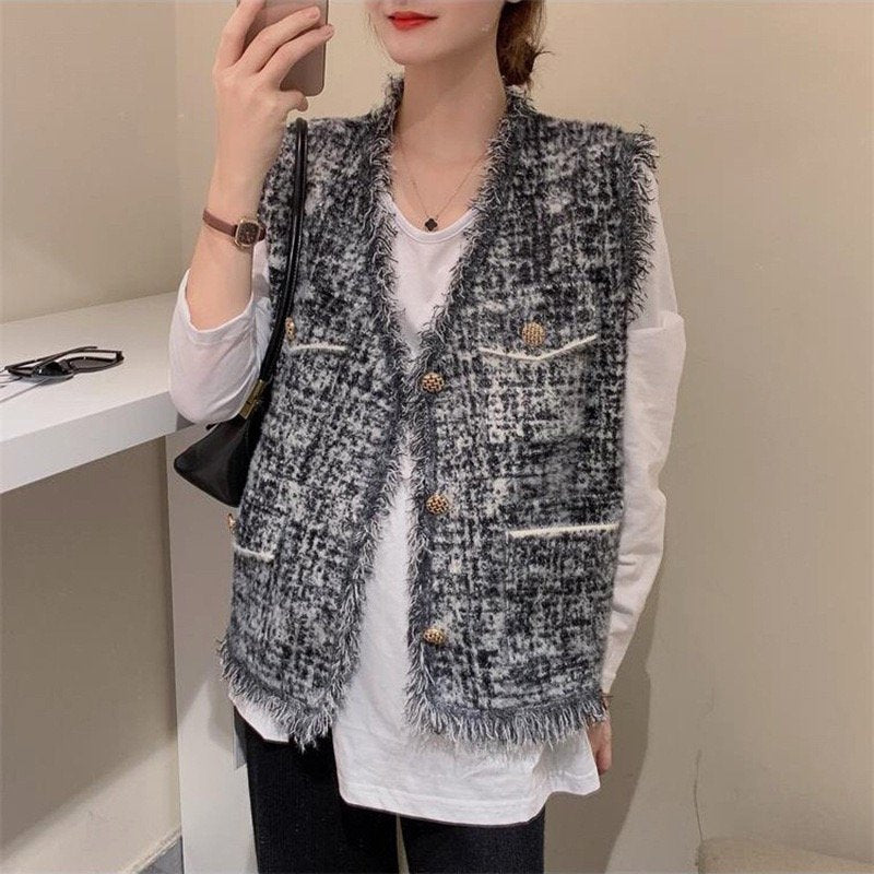 Pankh Isaac V-Neck Tweed Cardigan Sleeveless Coat