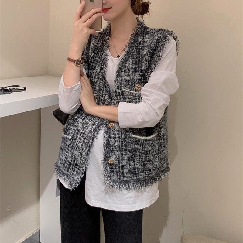 Pankh Isaac V-Neck Tweed Cardigan Sleeveless Coat