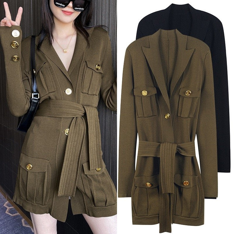 Pankh Narita Golden Button Knitted Cardigan Belted Coat