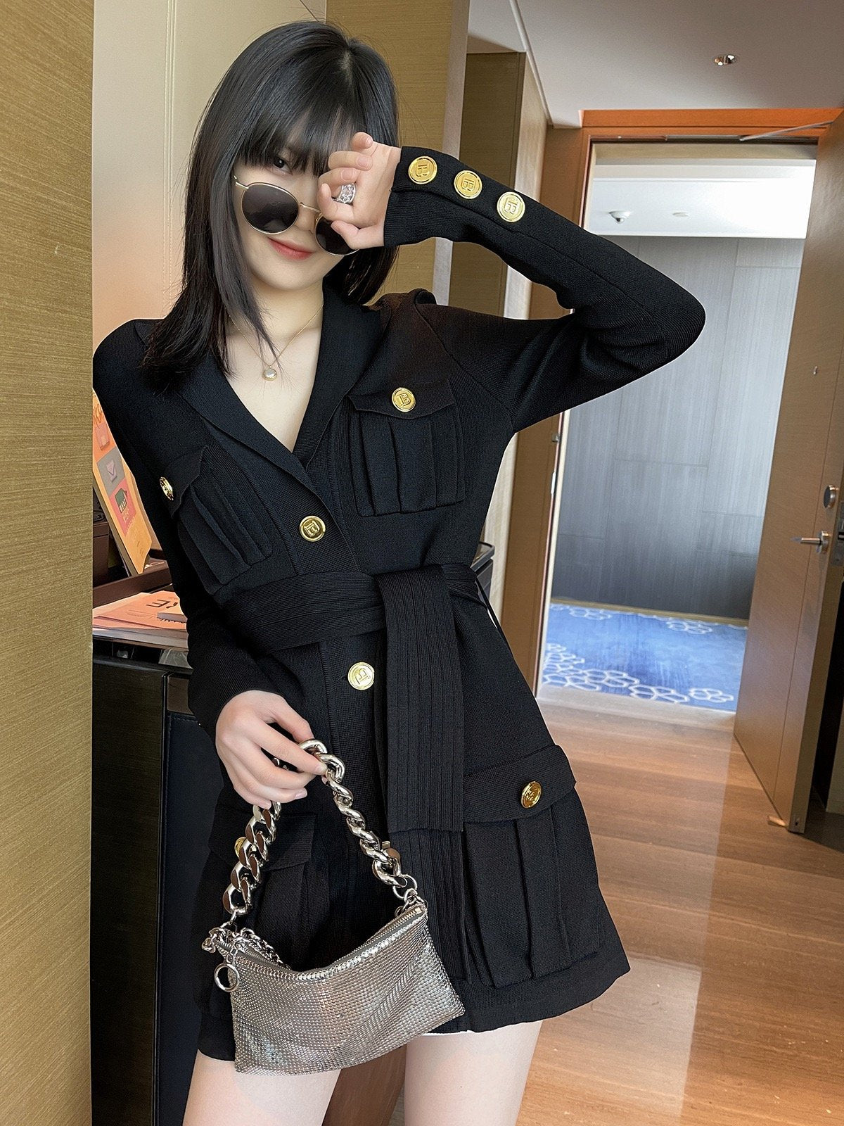 Pankh Narita Golden Button Knitted Cardigan Belted Coat