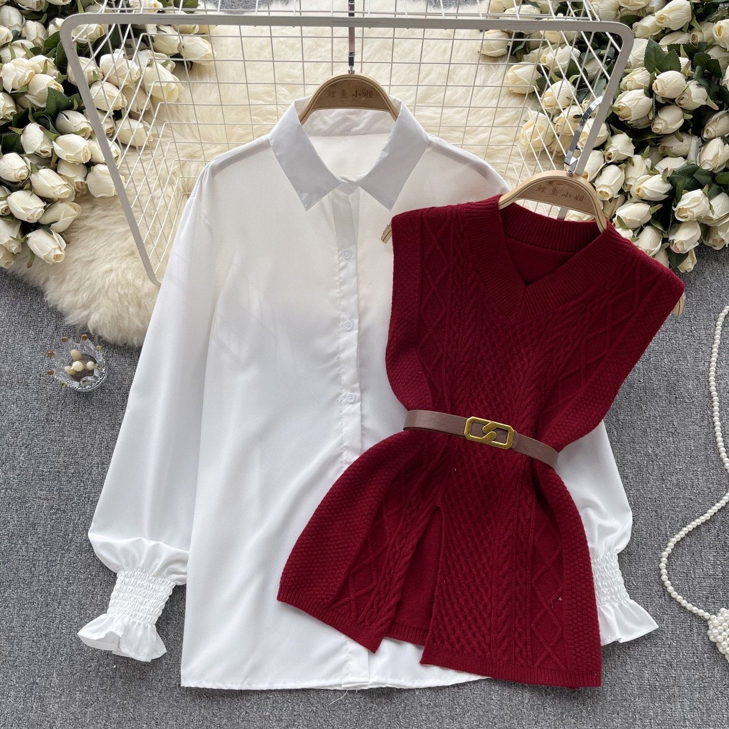 Troy Knitted Vest Sweater And Formal White Shirt Set