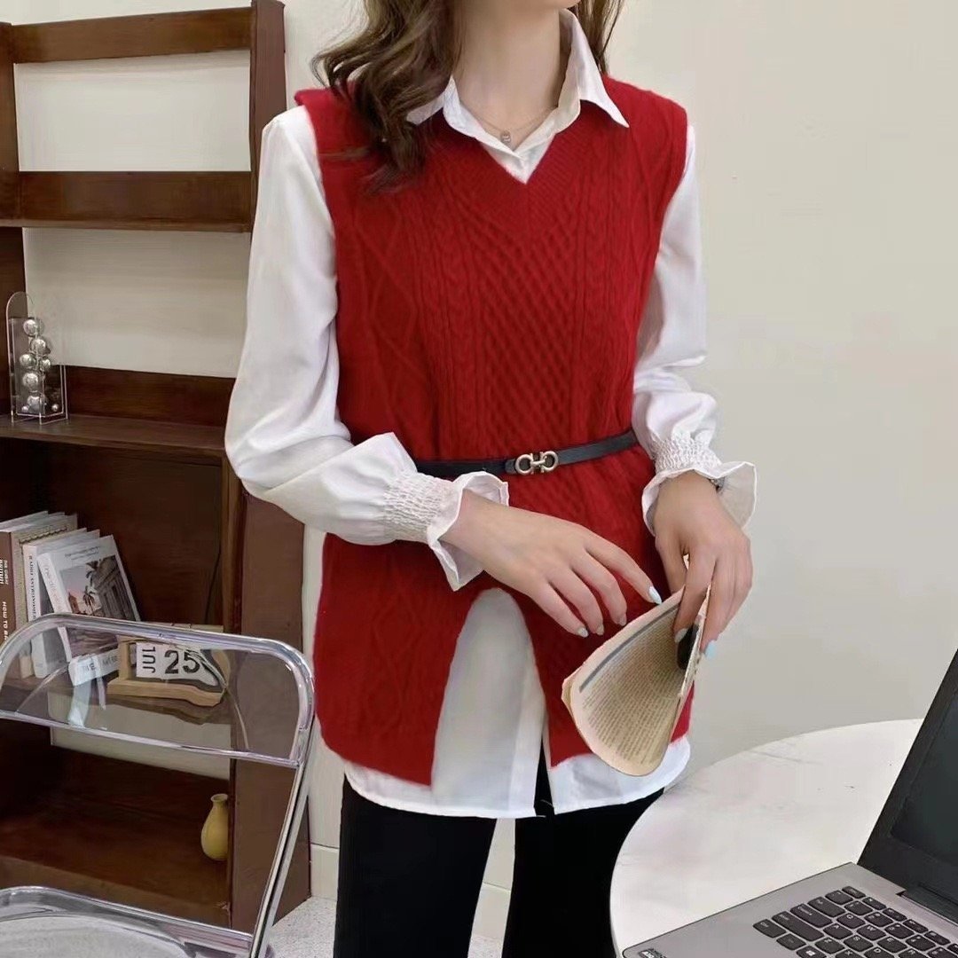 Troy Knitted Vest Sweater And Formal White Shirt Set