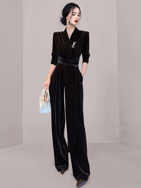 Pankh Averill Long-Sleeve V-Neck Velvet Wide Leg Jumpsuit