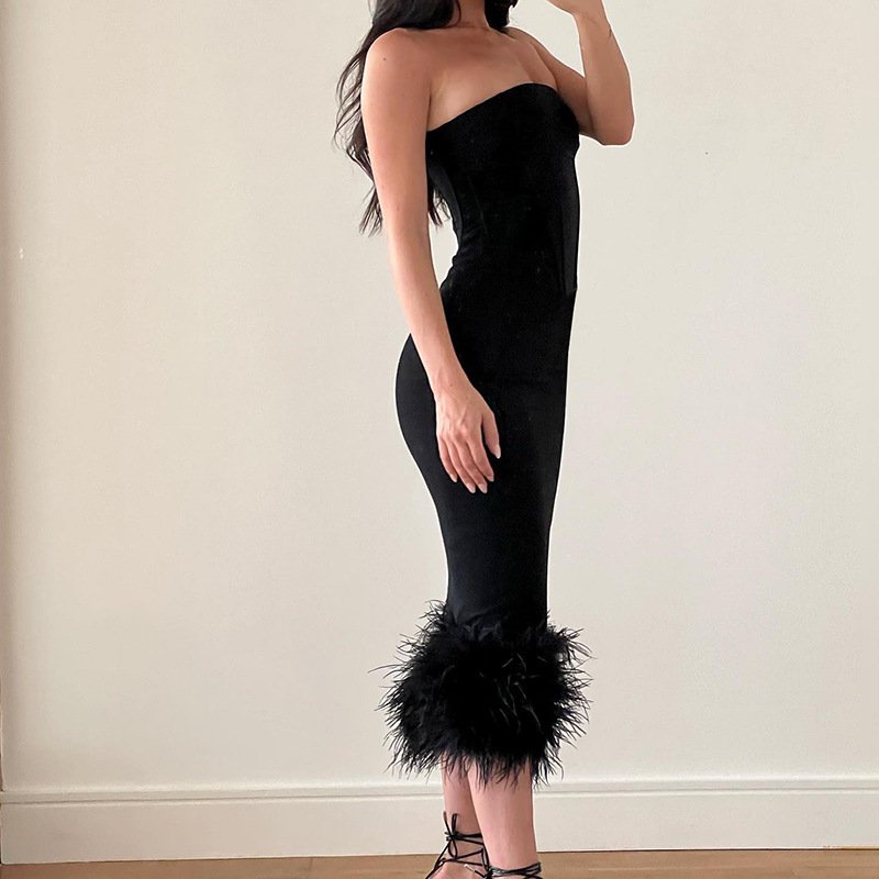 Pankh Aliana Off Shoulder Fluffy Trim Bodycon Dress