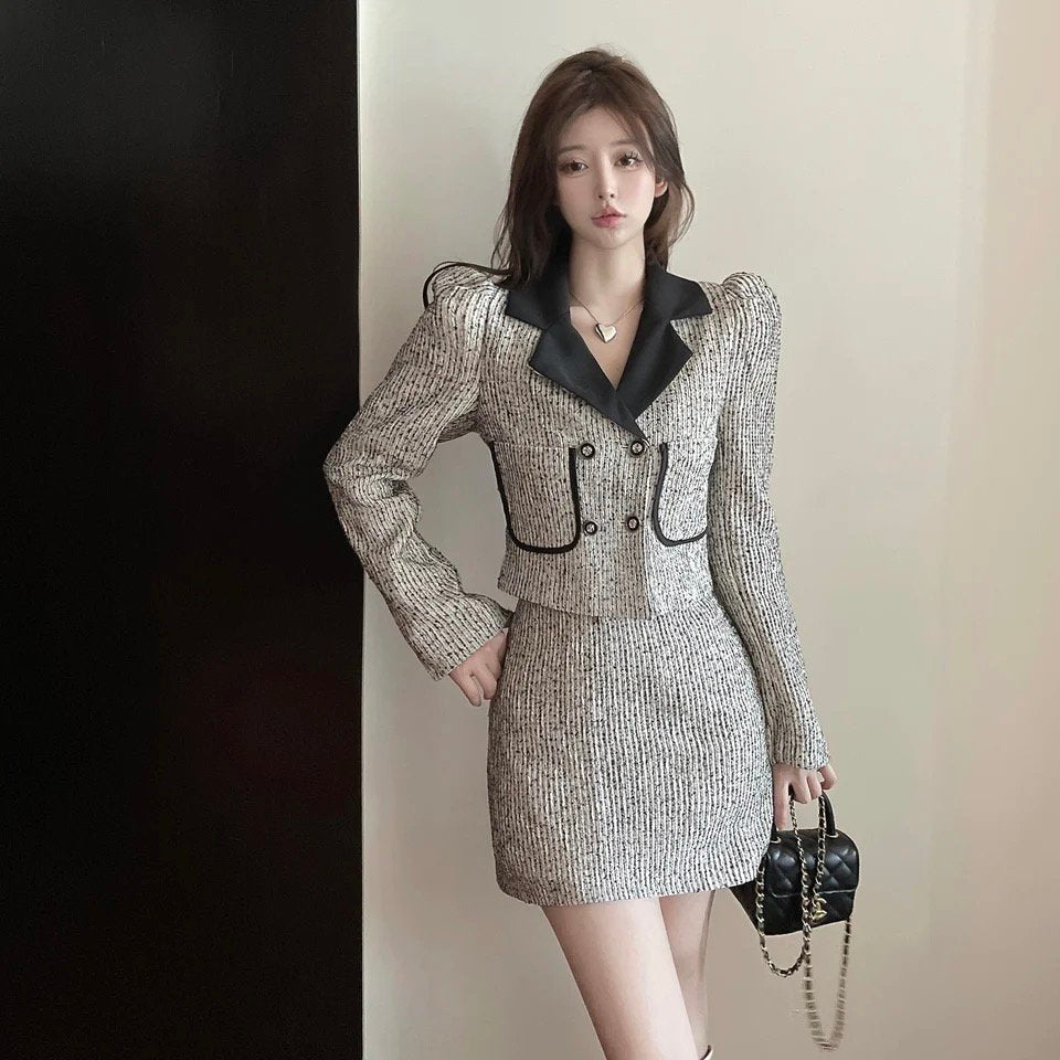 Stone Autumn Winter Tweed Blazer And Skirt Set