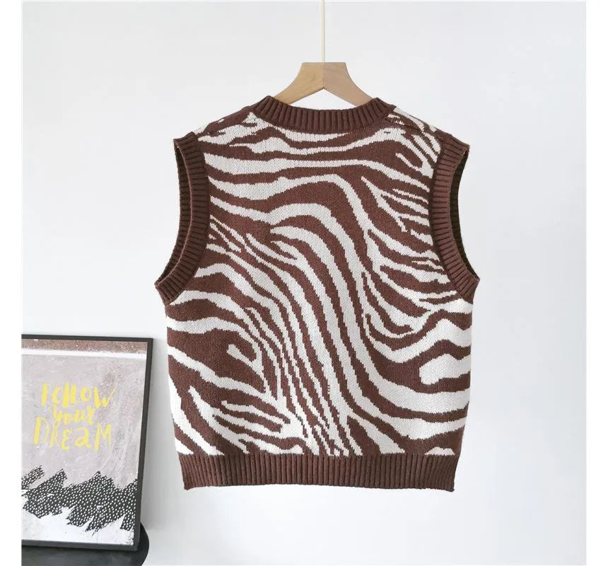 Neolex Zebra Print Knitted Sleeveless Sweater Top