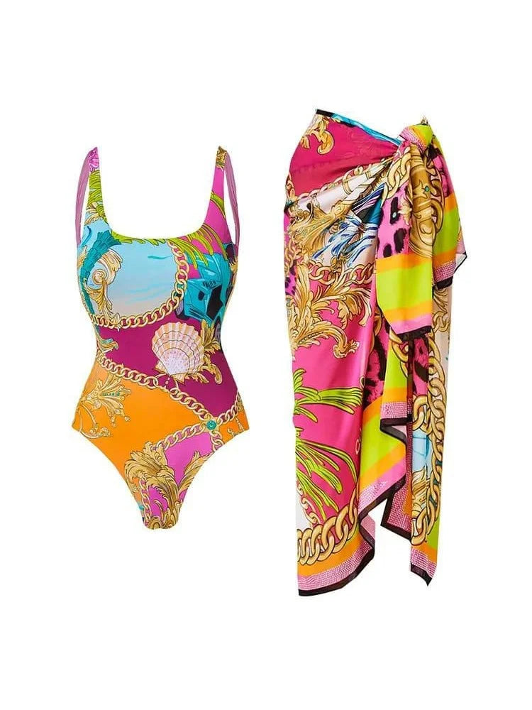 Netali Tropical Cartoon Tummy Control Swimsuit And Tie Front Cover Up Set