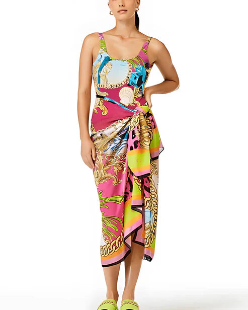 Netali Tropical Cartoon Tummy Control Swimsuit And Tie Front Cover Up Set
