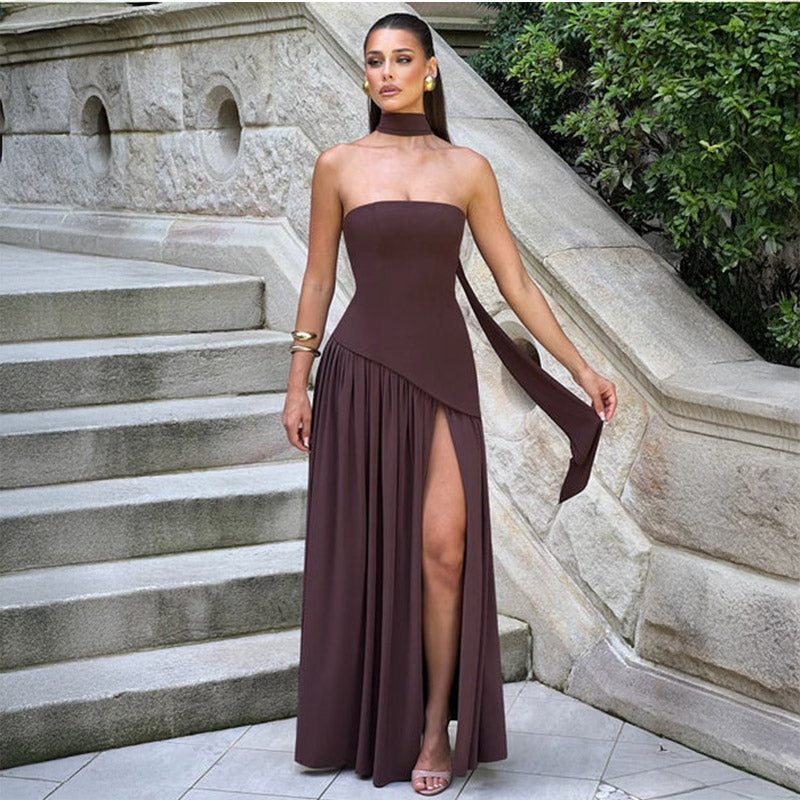 Pankh Stella Strapless Long Slit Formal Dress With Scarf Brown / 4XL