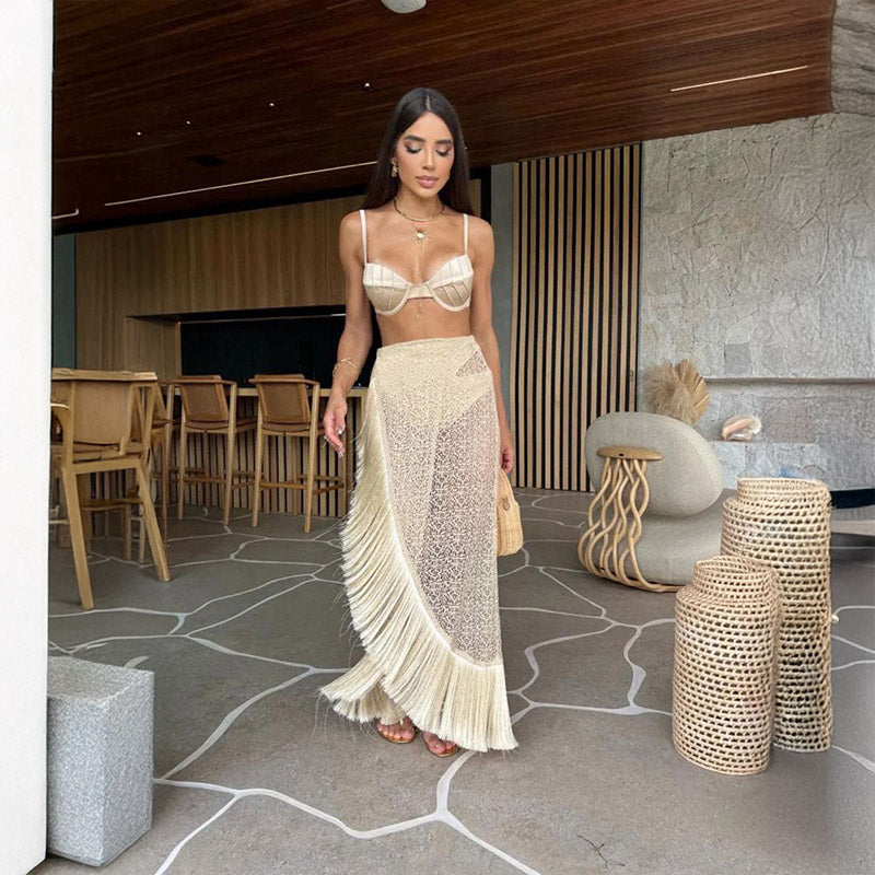 Pankh Milly Three Piece Bikini Set With Tassel Skirt