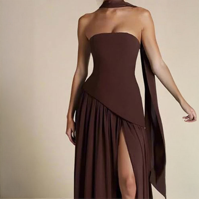 Pankh Stella Gorgeous Strapless Long Ruched Slit Formal Party Wear Dress With Scarf