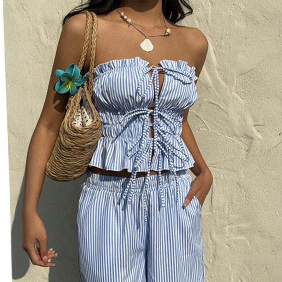 Pankh Matix Stripe Off Shoulder Top And Pant Set